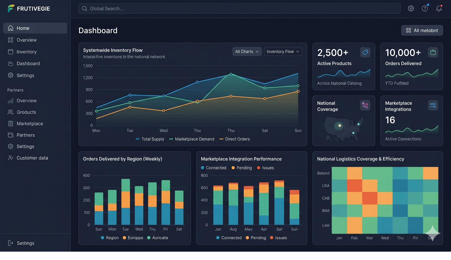 Dashboard enterprise de Frutivegie — panel de control con métricas de inventario, pedidos y cobertura nacional